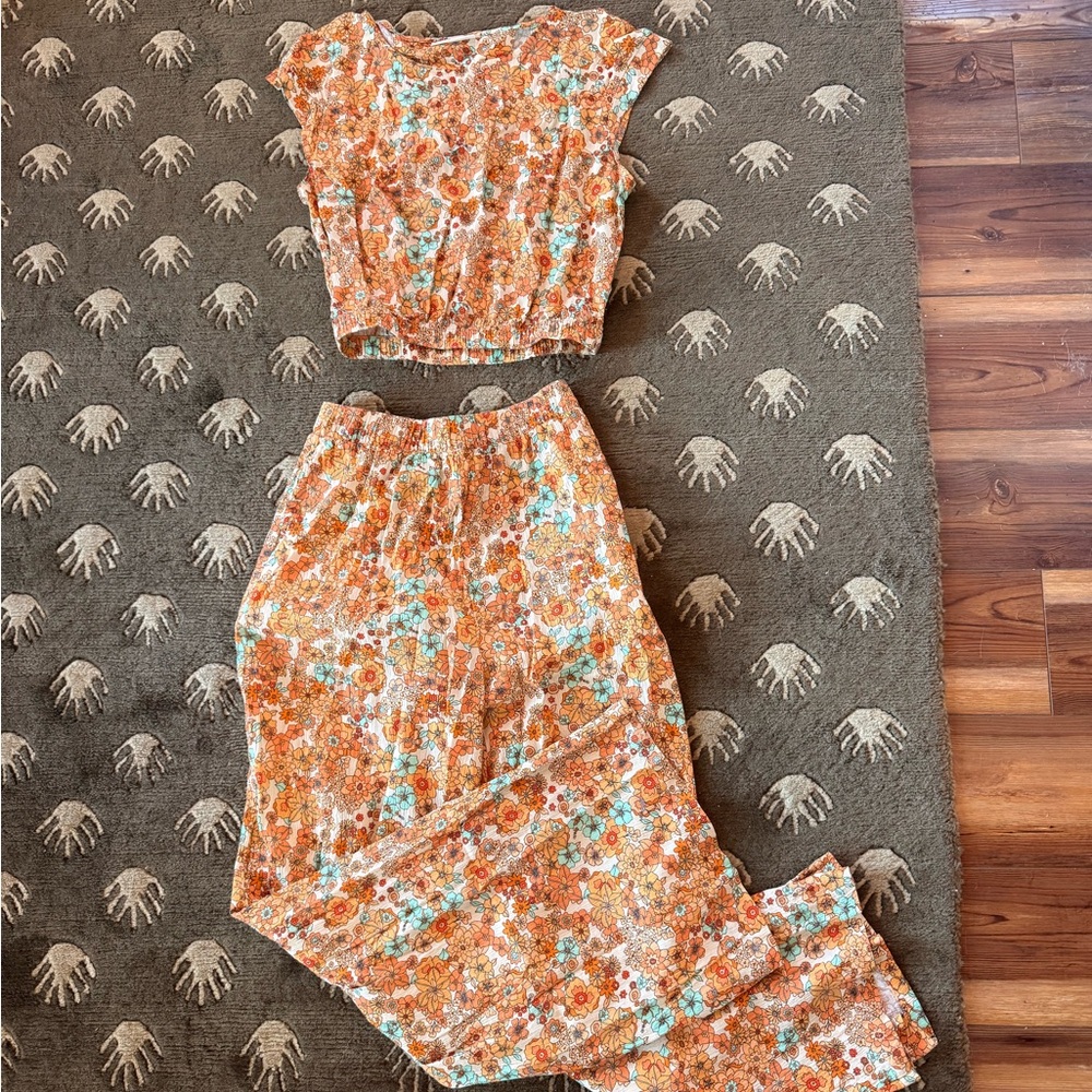 SOLD | Retro Floral Two-Piece Crop Top & Wide Leg Pants Set
